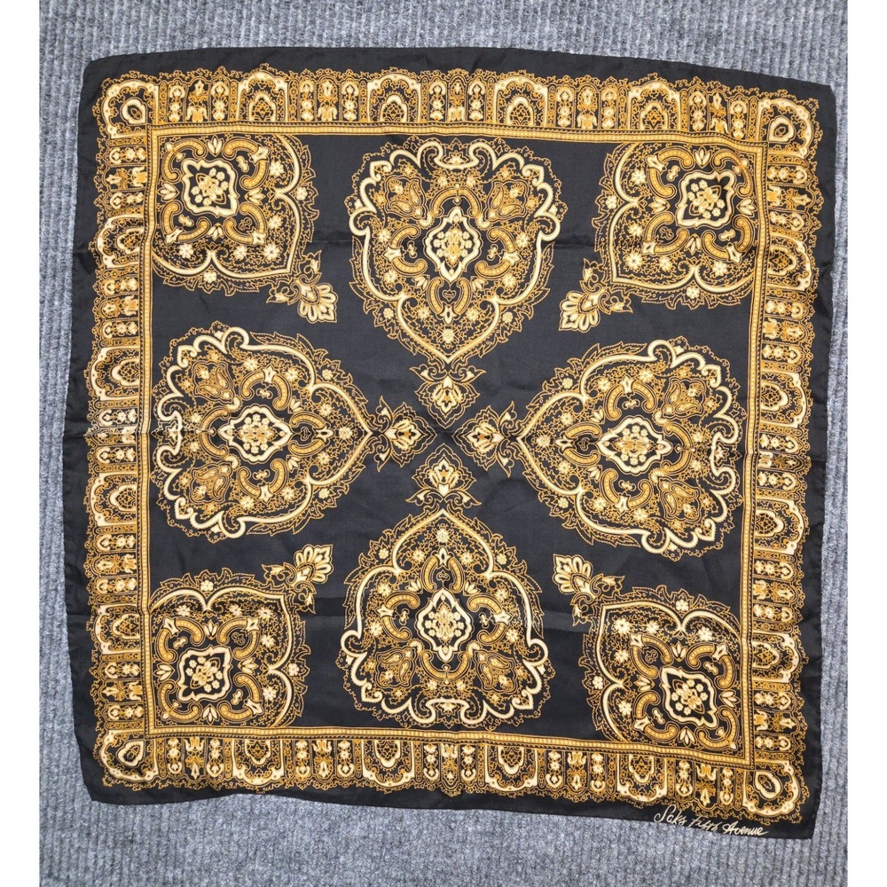 Vtg Saks Fifth Avenue Silk Scarf Made In Italy Gold Black Baroque Design 24x24